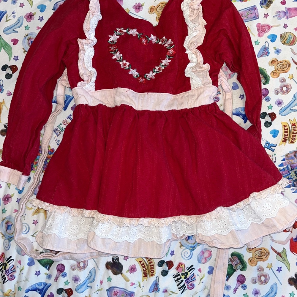 Red Dress with Heart Embroidery and Lace Trim